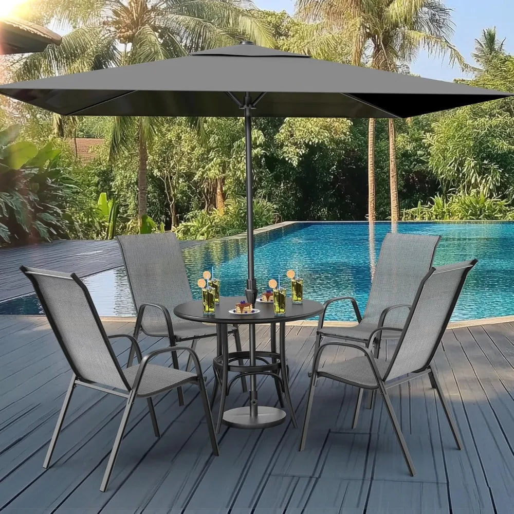 Patio Chairs Set of 8 – Stackable Outdoor Dining Chairs with Comfortable Sling High Back Chairs and Armrests for Lawn, Poolside