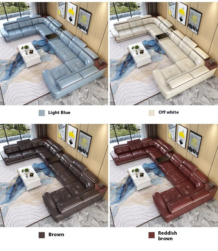 Modern Italian Genuine Leather Sofa for Living Room with Cup Holder, USB, Adjustable Headrests & Bluetooth Speaker - Linlamlim