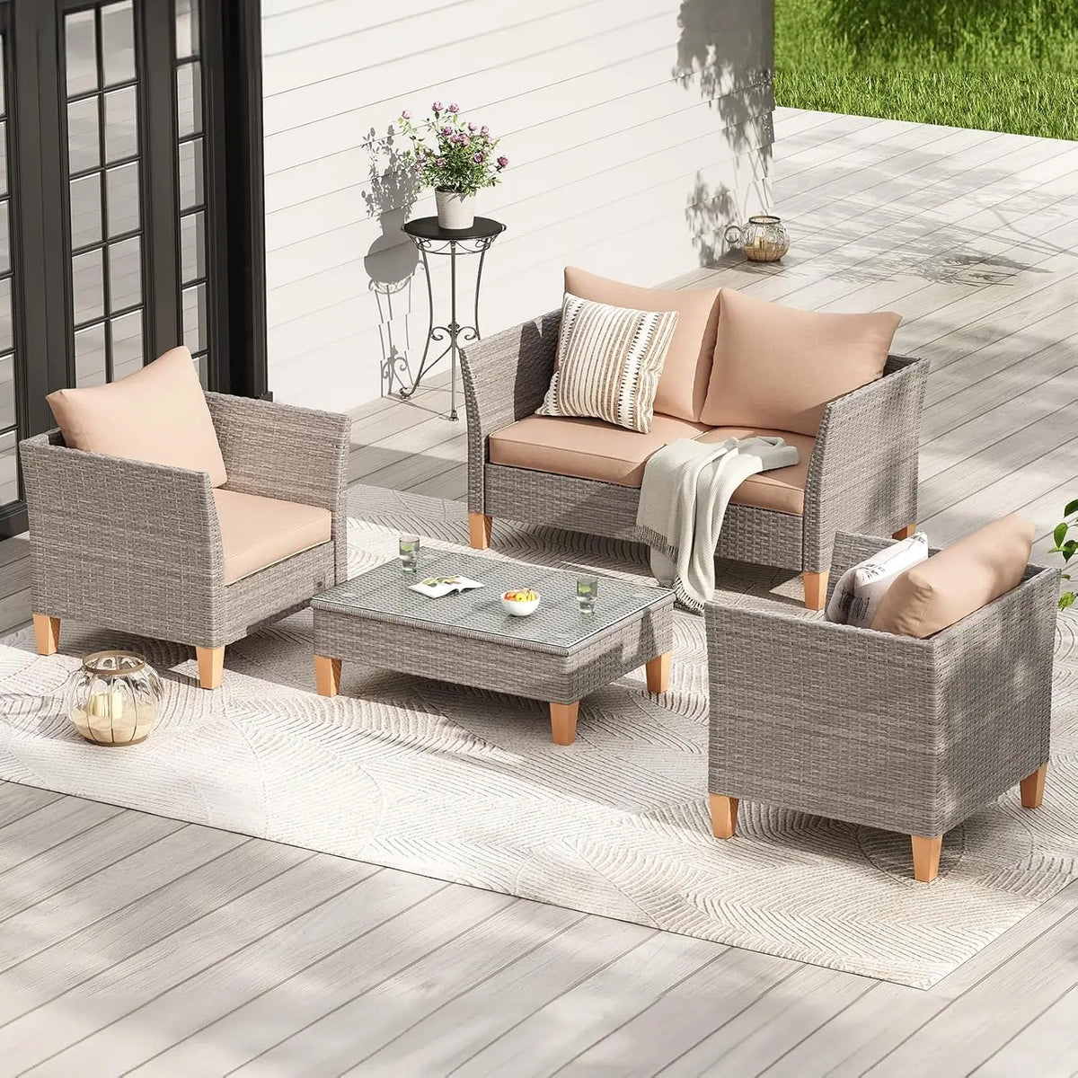 5-Piece Patio Furniture Set, Thickened Rattan Sectional Outdoor Sofa with Glass Top Table, Reclined Backrest and, Customized