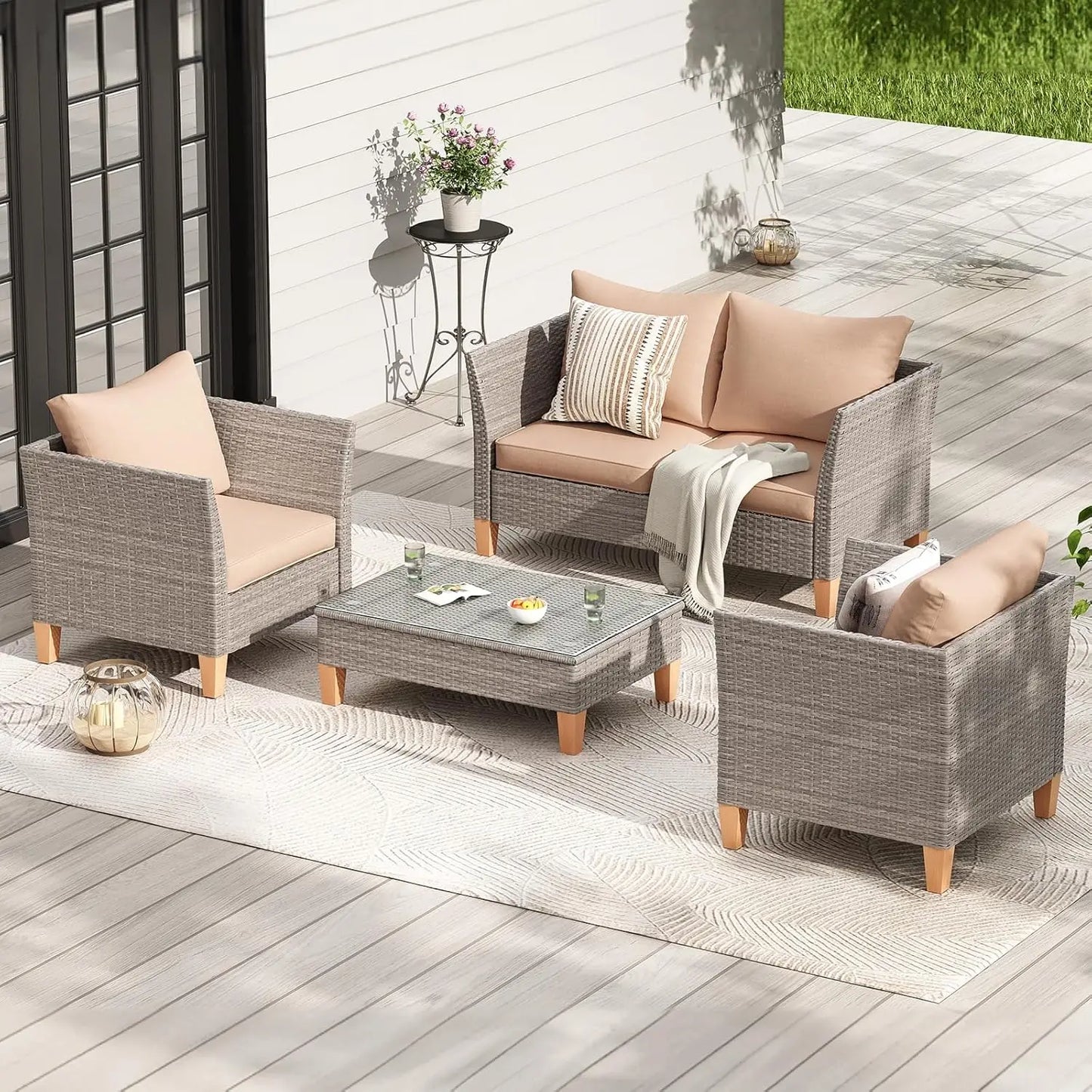 5-Piece Patio Furniture Set, Thickened Rattan Sectional Outdoor Sofa with Glass Top Table, Reclined Backrest and, Customized