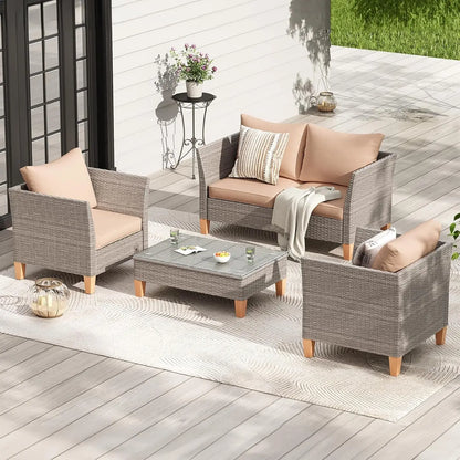 5-Piece Patio Furniture Set, Thickened Rattan Sectional Outdoor Sofa with Glass Top Table, Reclined Backrest and, Customized