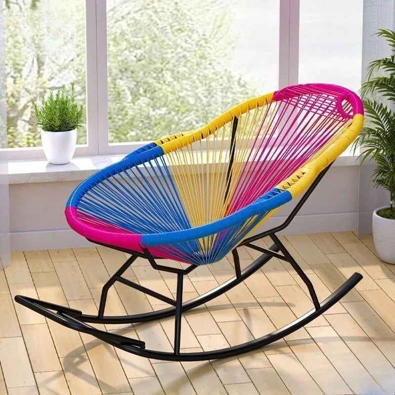 Outdoor Courtyard Rainbow Rattan Rocking Chair, Thickened Leisure Nap Recliner for Balcony