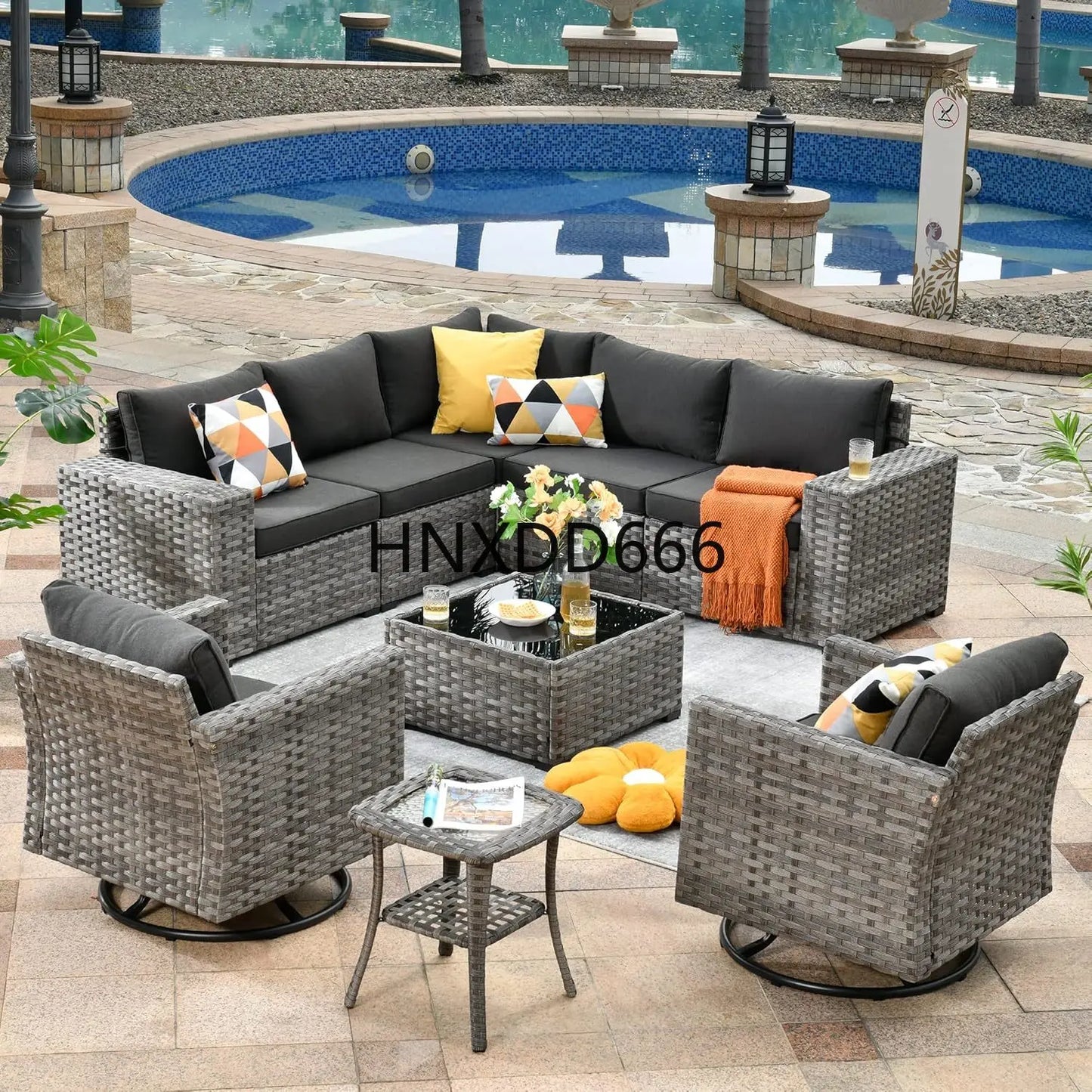 Patio Furniture Sets Outdoor Sectional Sofa with Swivel Rocking Chairs,PE Wicker Conversation Couchfor Backyard Deck Garden