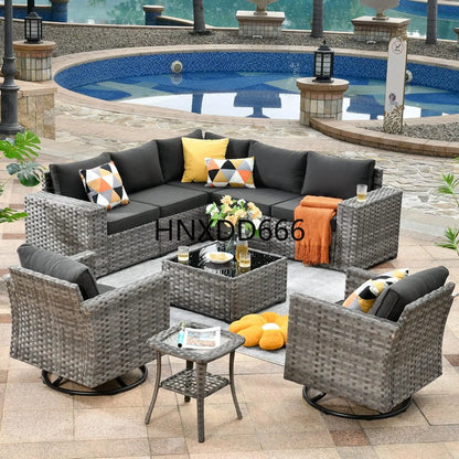 Patio Furniture Sets Outdoor Sectional Sofa with Swivel Rocking Chairs,PE Wicker Conversation Couchfor Backyard Deck Garden