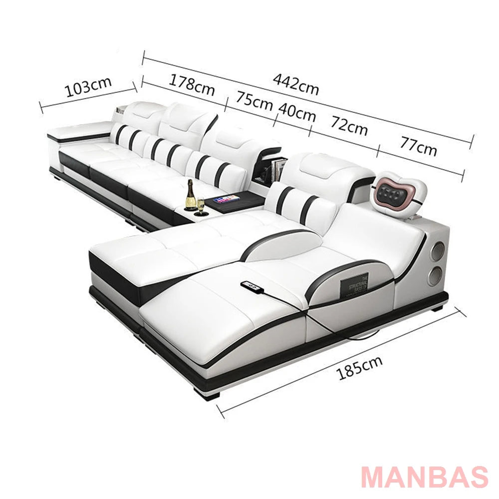 a48 Italy Genuine Leather Sectional Sofa with Bluetooth Speaker,Functional Headrest,Massage Chaise | L Shape Corner Couch