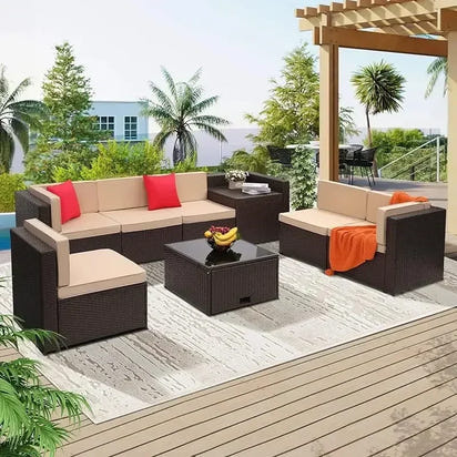 YND6-Q8 pieces outdoor Wicker rattan patio sectional furniture set.glass top table with hidden storage.7 sofa sections.oversized