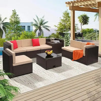 YND6-Q8 pieces outdoor Wicker rattan patio sectional furniture set.glass top table with hidden storage.7 sofa sections.oversized