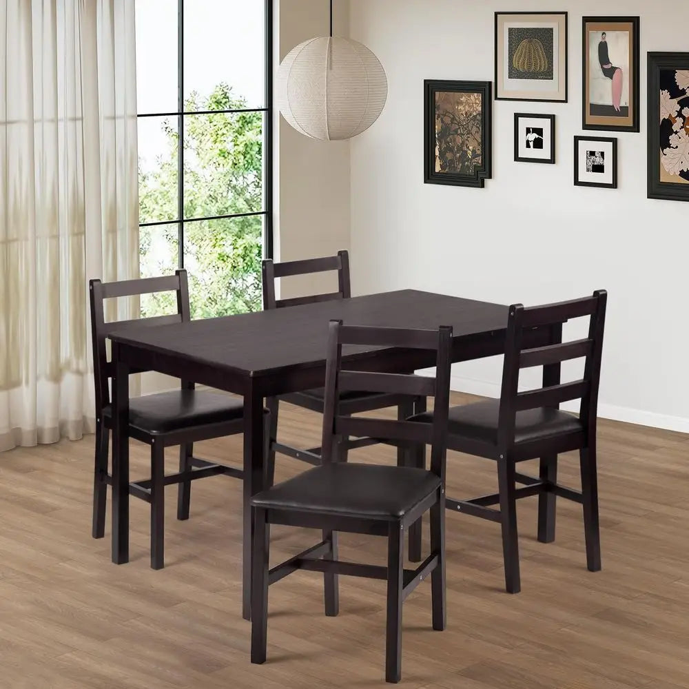4-Seat Pine Wood Dining Set with Upholstered Chairs, Brown, Space-Saving for Home & Restaurant Use