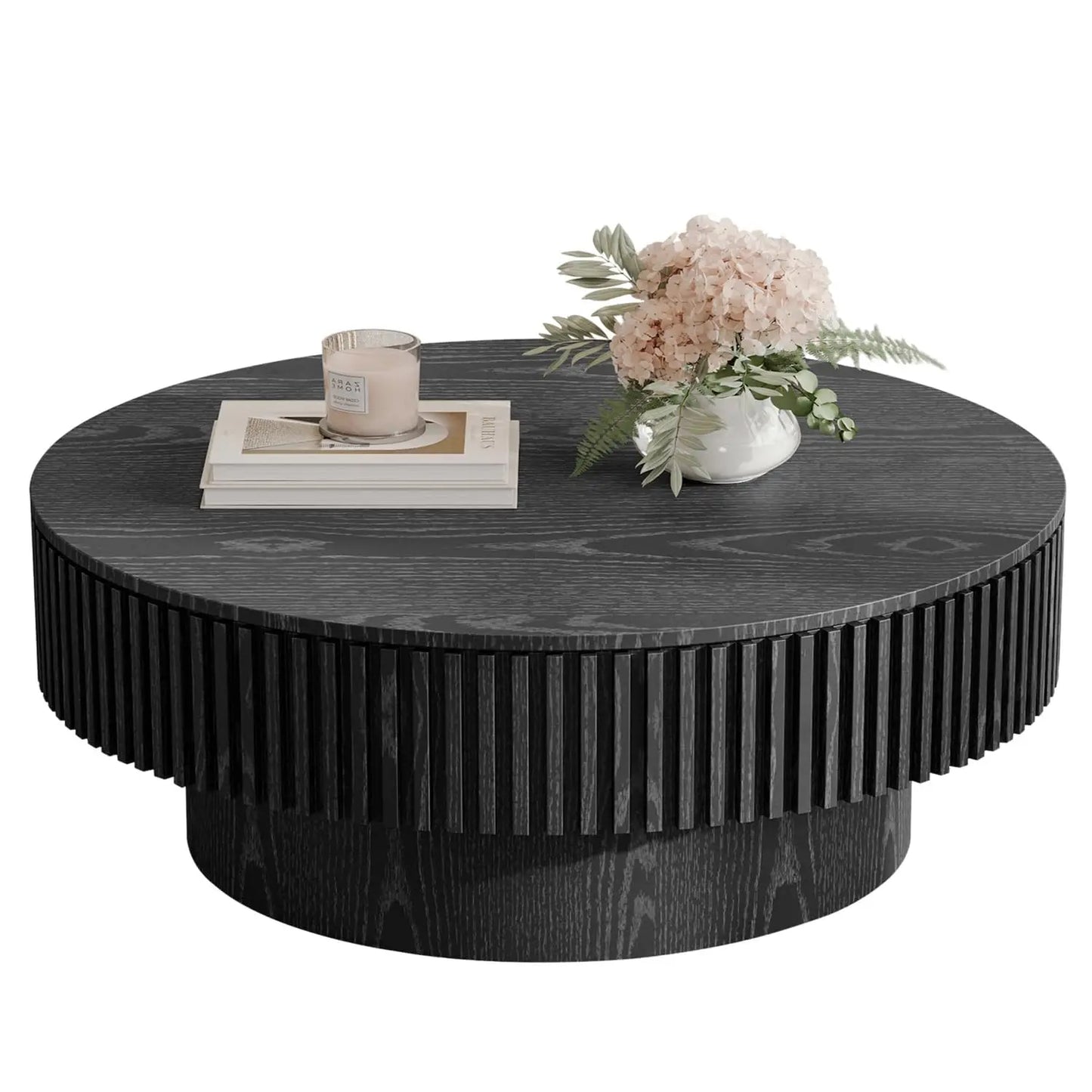 Round Coffee Table For Living Room, Accent Fluted Drum Coffee Table With Storage, Modern Solid Wood Circle Center Tea Table For