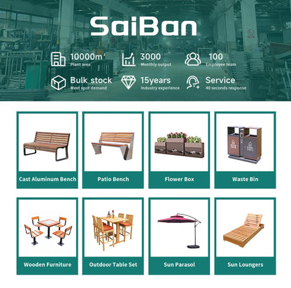 Banc urbain en métal au design moderne, mobilier de rue en bois pour parcs et lieux pour utilisation sur patio
