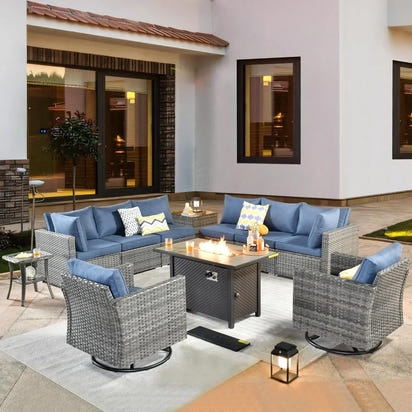Outdoor Patio Furniture Set with Fire Pit Table,Conversation Sectional Wicker Couch with Modern Outside Sofa  for Balcony