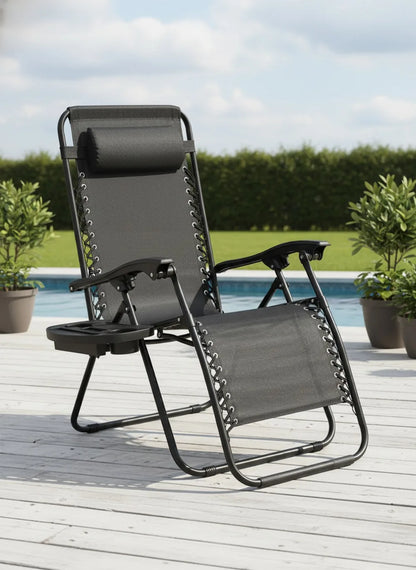 Zero Gravity Lounge Chair with Adjustable Pillow & Cup Holder, Reclining Outdoor Camping Chair for Beach Garden Patio - Black