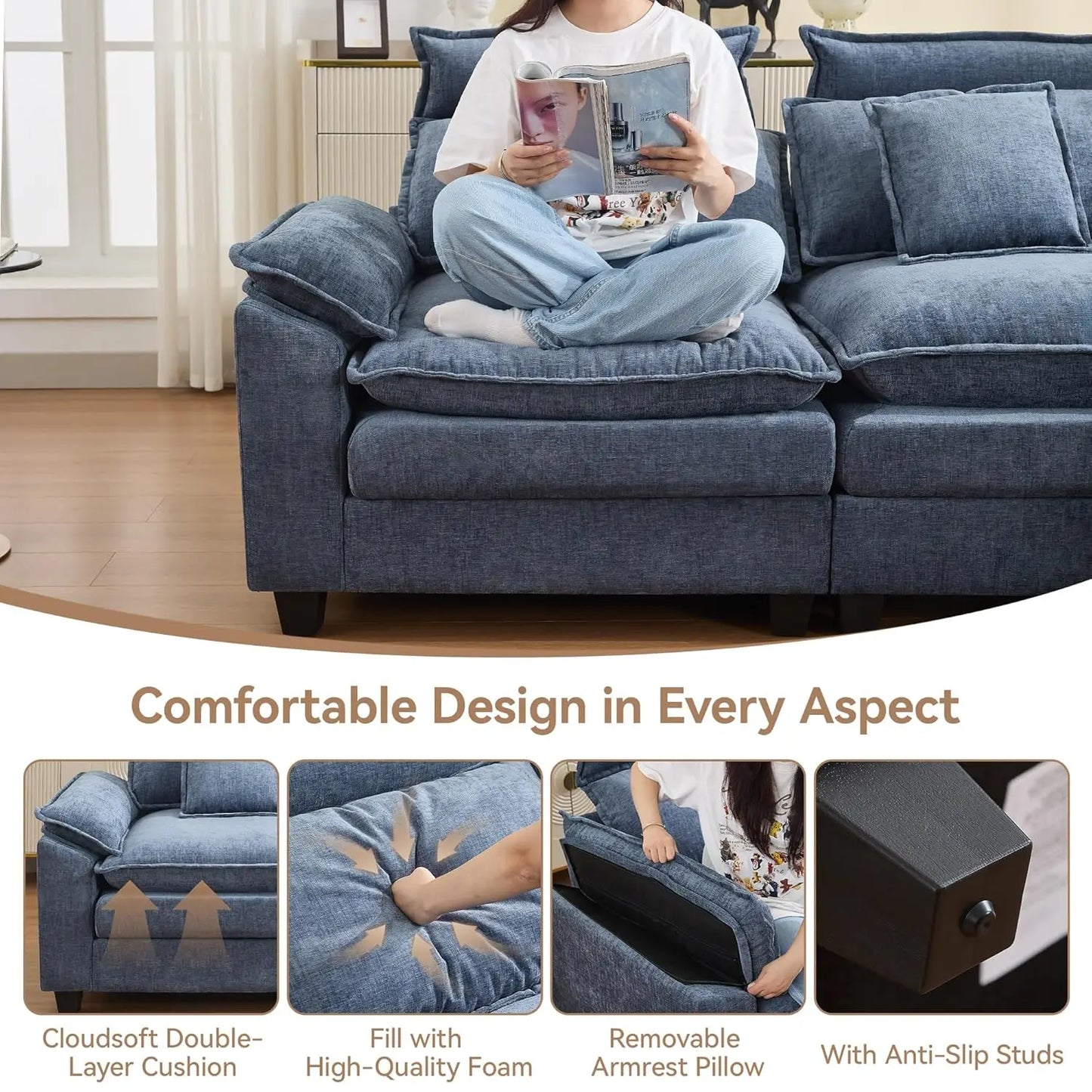 46''Cloud Oversized Sofa Chair with Detachable Headrest, Upholstered Comfy Arm Accent Chair with Ottoman,Modern, Customized