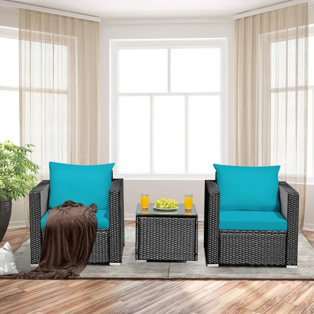 Hot Sale.3 Pieces Patio Furniture Set, PE Rattan Wicker Sofa Set w/Washable Cushion Cover and Tempered Glass Tabletop-NEW