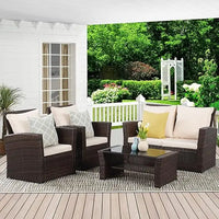 Outdoor Patio Furniture Set，4-Piece Wicker Conversation Set with Brown Rattan Sofa and Cushions for Deck or Porch