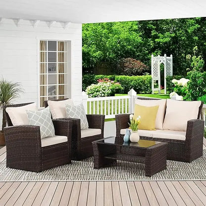 Outdoor Patio Furniture Set，4-Piece Wicker Conversation Set with Brown Rattan Sofa and Cushions for Deck or Porch