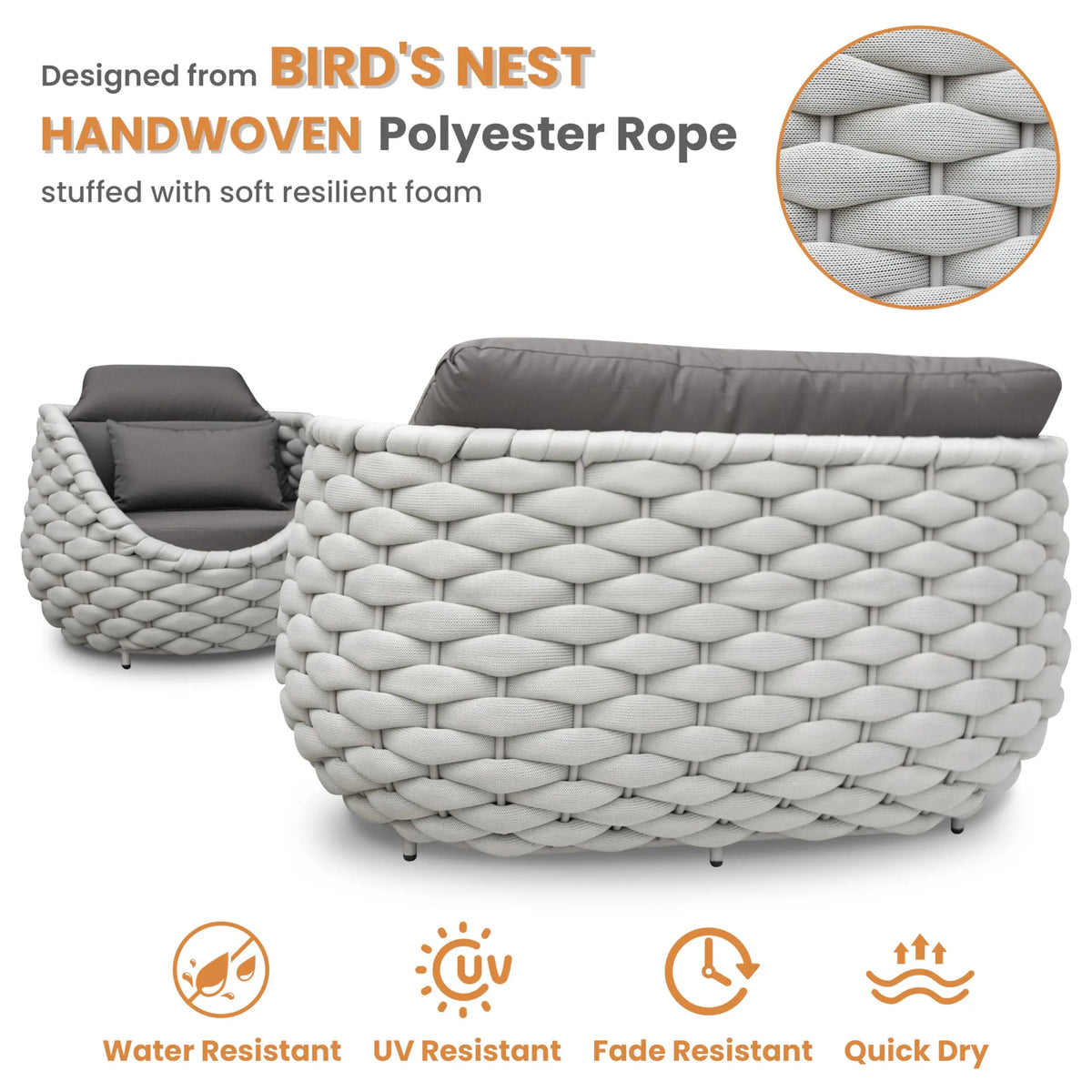 Outdoor Rattan Sofa Set, 2-Seat Patio Furniture for Balcony, Terrace, Villa or Courtyard, All-Weather Wicker Lounge Chair Combo