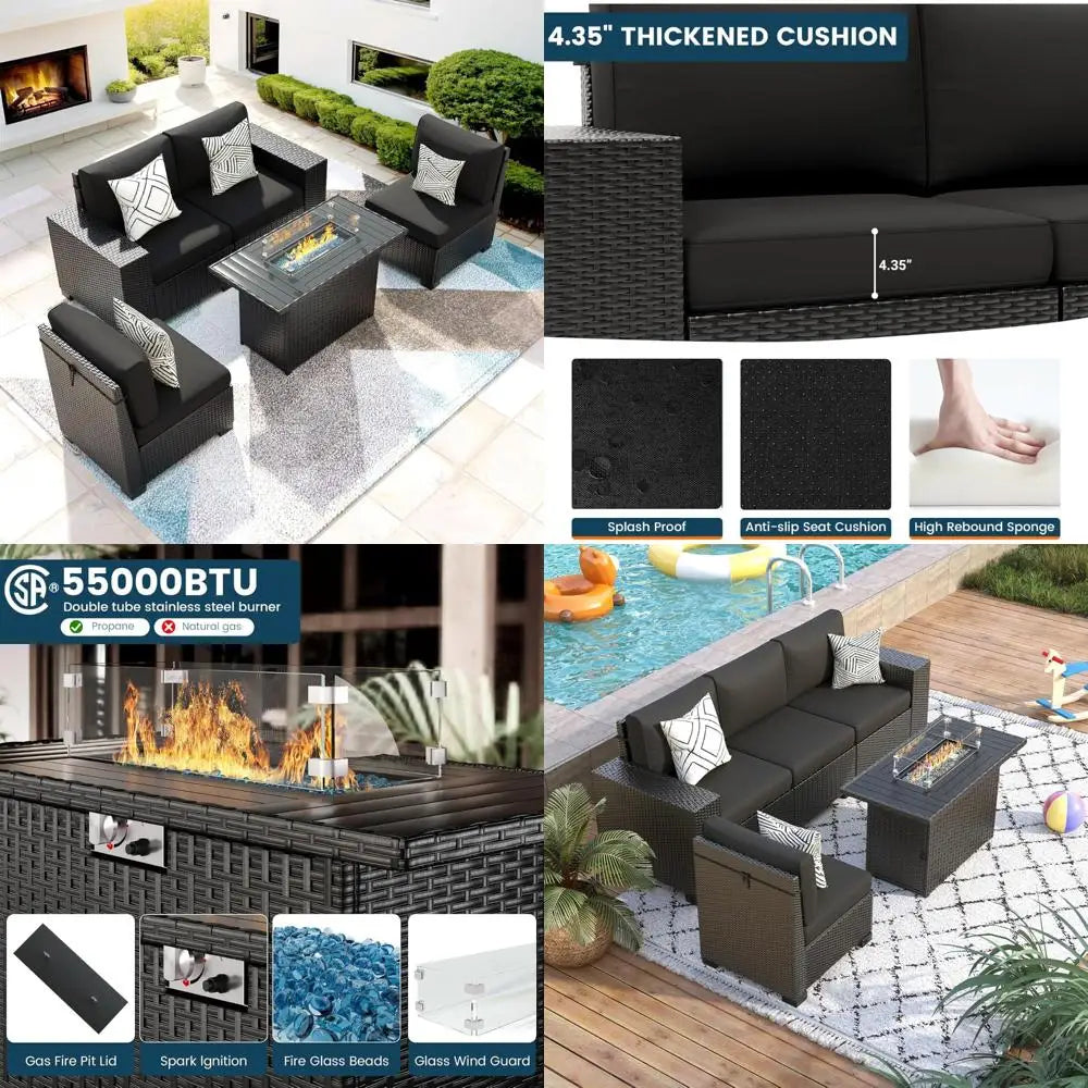 black wicker outdoor sectional sofa set with fire pit table for patio conversation