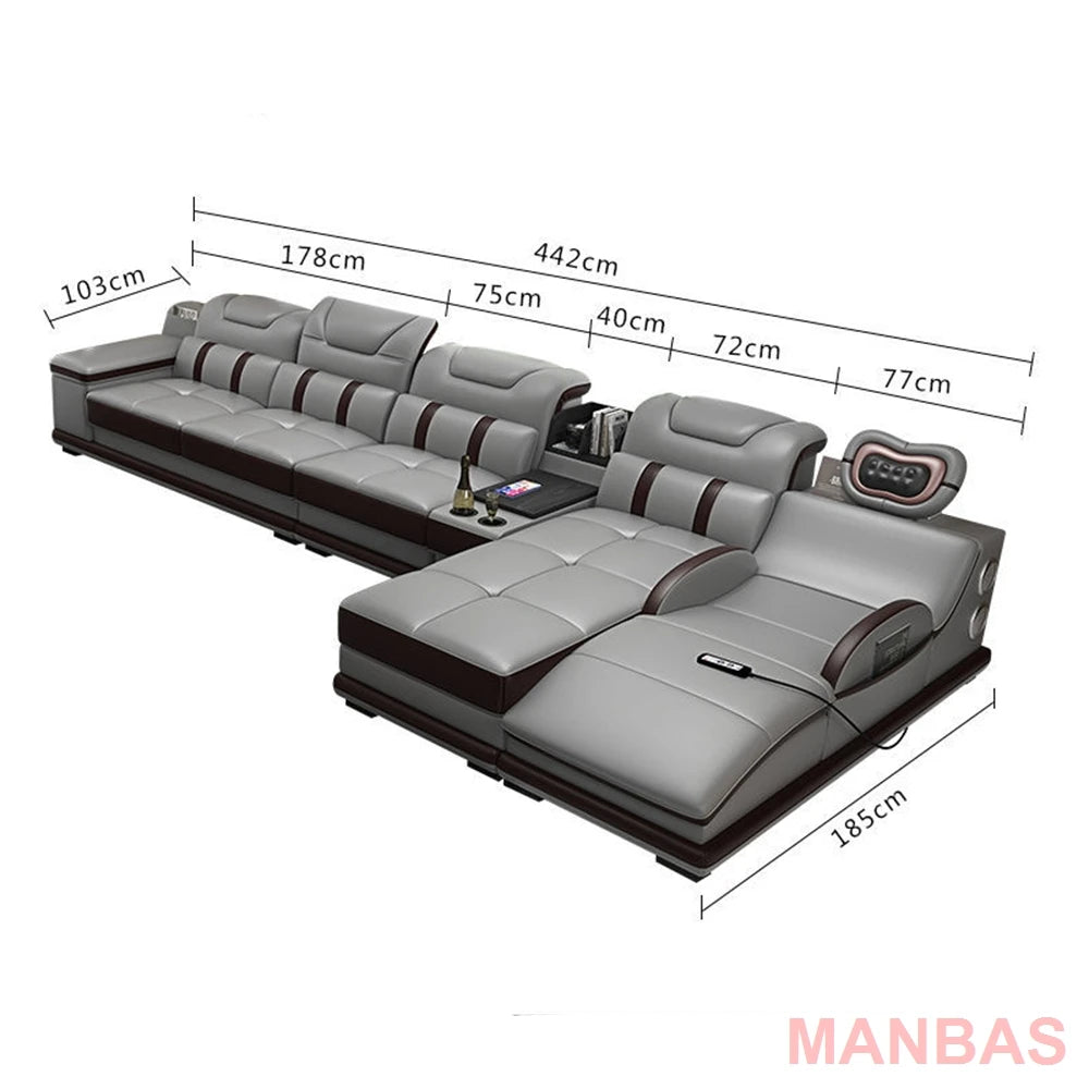 MANBAS Italian Genuine Leather Sectional Sofa with Bluetooth, Speaker, Functional Headrest, Massage Chaise L Shape Corner Sofas