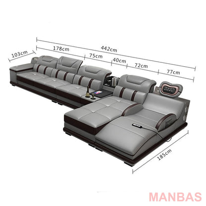 MANBAS Italian Genuine Leather Sectional Sofa with Bluetooth, Speaker, Functional Headrest, Massage Chaise L Shape Corner Sofas