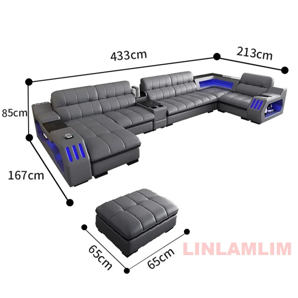 Modern Sectional Sofa Bed with LED Light, Electric Recliner and Massage | Living Room Genuine Leather Couch with Cup Holder, USB