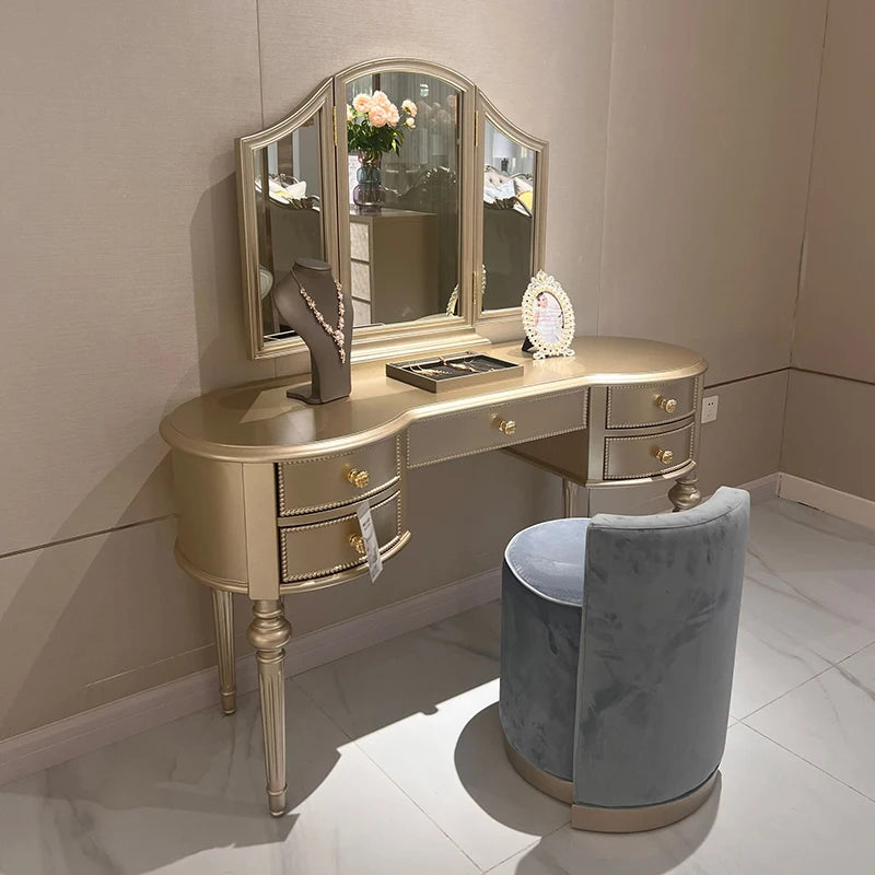 Luxury Custom Solid Wood Dressing Table With Extendable Vanity Desk & Mirror European & American Style