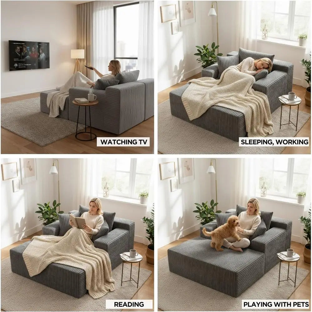 Oversized Sofa Bed with Pillows, Cozy Couch, Sleeper Reading Chair, Floor Sofa Corduroy, Urban Grey Furniture for Living Room Be