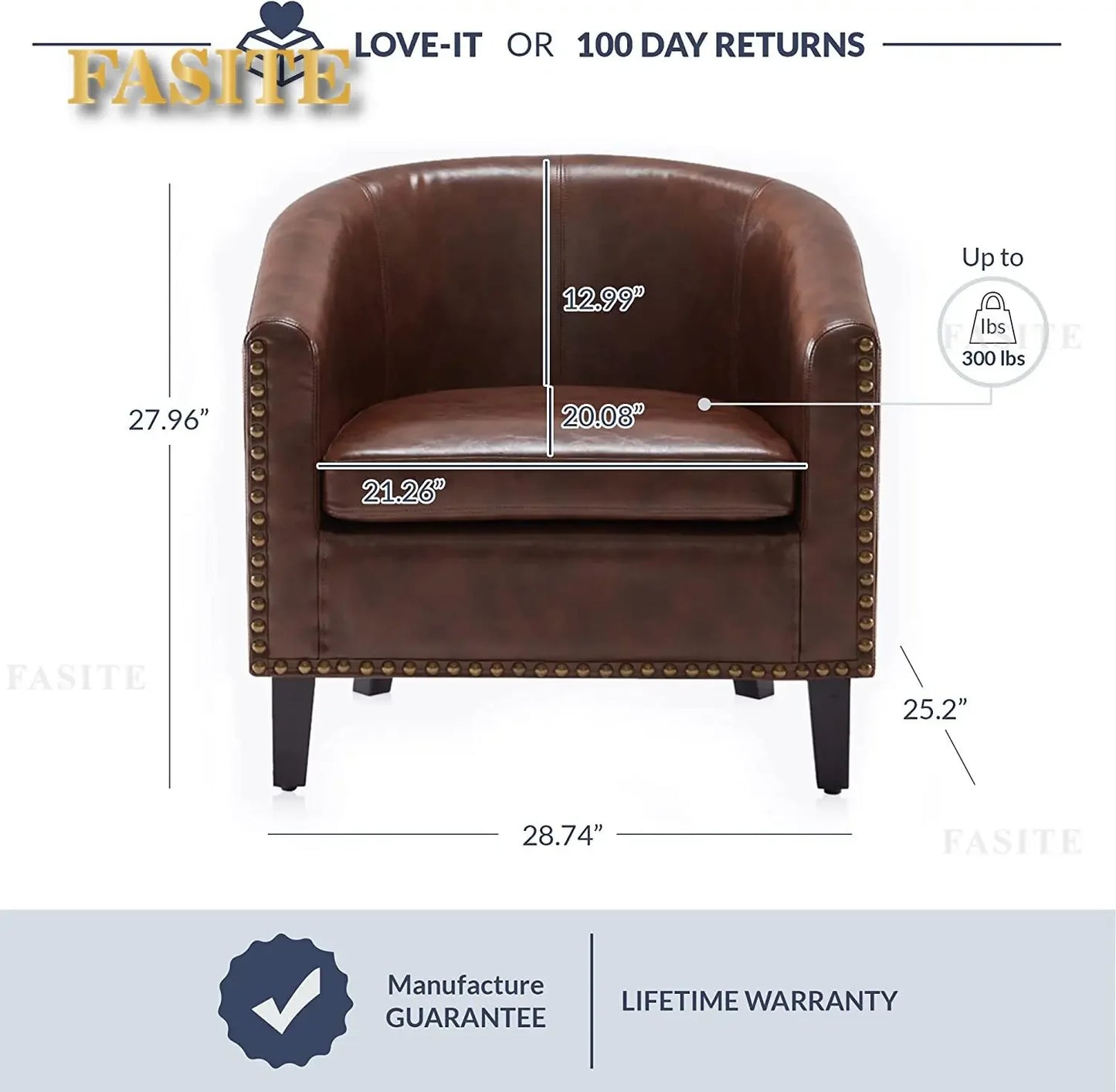 Modern Tub Club Chair Upholstered Armchair for Living Room Faux Leather Chair with Gold Nail Head Trim Black Legs