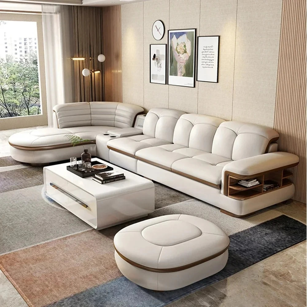Luxury L-Shaped Genuine Leather Sectional Sofa Sets with USB, Bluetooth Speaker - MINGDIBAO Living Room Italian Leather Couches