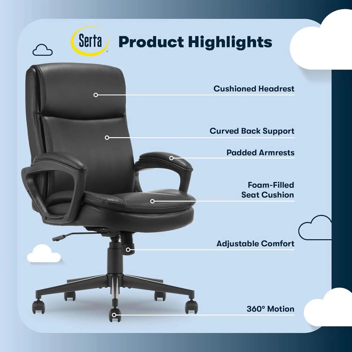 Ergonomic Office Chair with Lumbar Support, Swivel Base & Padded Armrests, Black