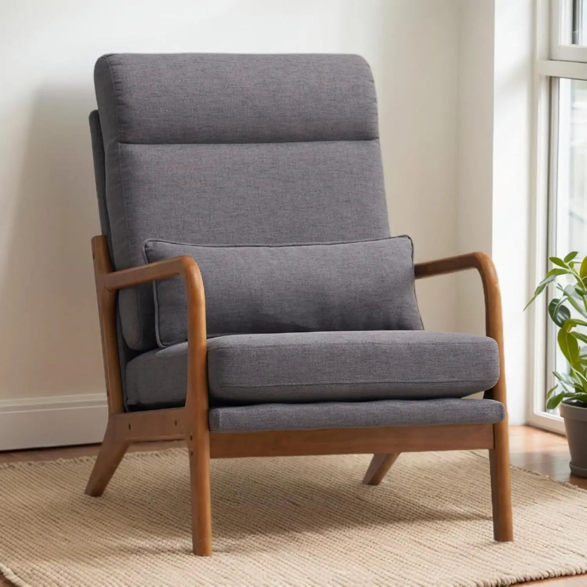 Mid-Century Modern Chair with Pillow High Back Bronzing Cloth Upholstered Lounge Arm Chair with Solid Wood Frame & Soft Cushion