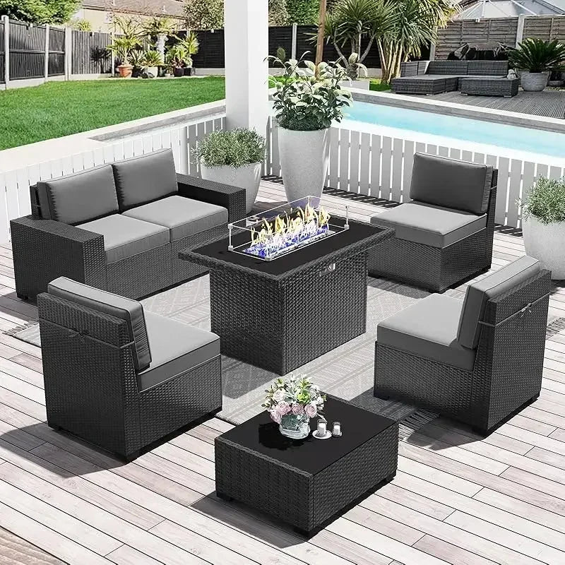 PatioLix 8 Piece Patio Furniture with 44"Propane Gas Fire Pit Table. Outdoor Sectional Conversation Set Wicker Rattan Sofa