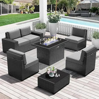 PatioLix 8 Piece Patio Furniture with 44"Propane Gas Fire Pit Table. Outdoor Sectional Conversation Set Wicker Rattan Sofa