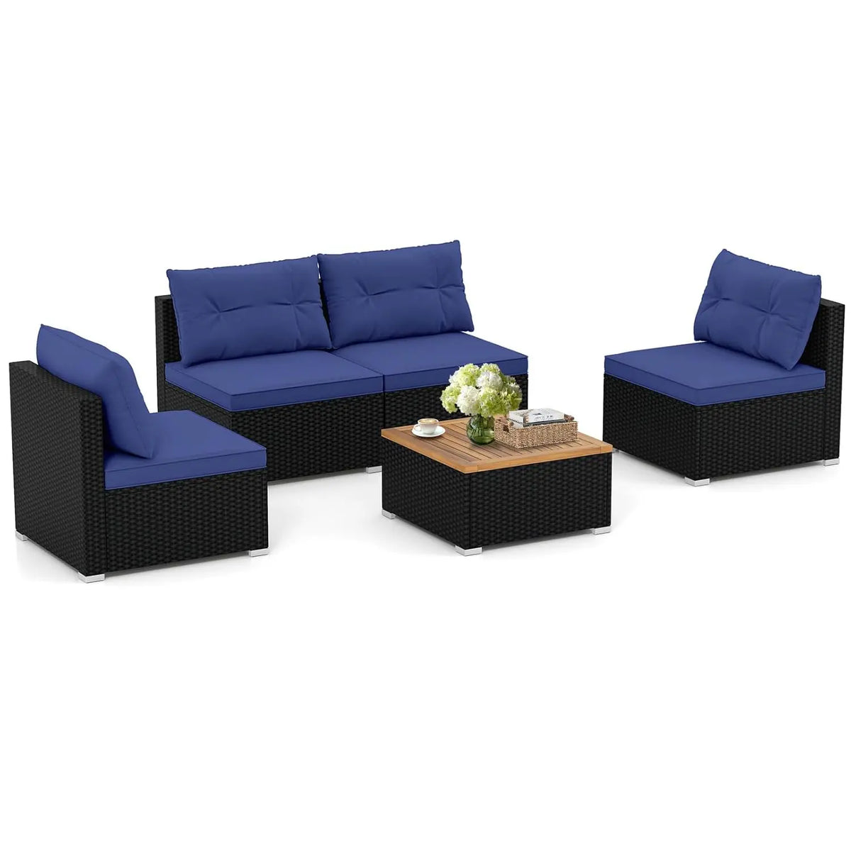 5pc PE Rattan Sectional Set 4 Armless Sofas Acacia Table Cushioned Garden Poolside Backyard Grey Customized