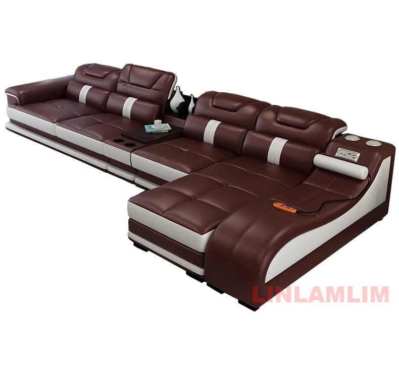 Sectional Sofa with Massage Chaise Lounge, Cup Holder, USB, Adjustable Headrests – Italian Genuine Leather Living Room Couch
