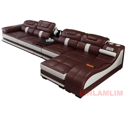 Sectional Sofa with Massage Chaise Lounge, Cup Holder, USB, Adjustable Headrests – Italian Genuine Leather Living Room Couch