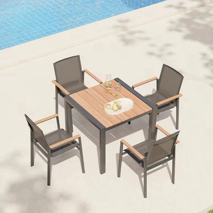Wholesale Price Patio Outdoor Furniture Plastic Wood Dining Set Luxury Aluminum Frame Teak Wood Table and Chair for Restaurant