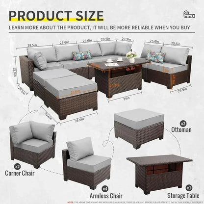 /-Patio Furniture 9 Piec Set with Cushions and 45” Gas fire Pit Table, Outdoor PE Rattan Sectional Conversation Sofa Set
