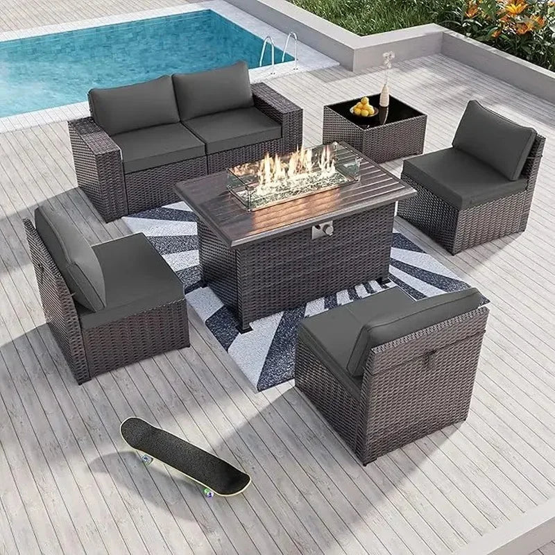 Outdoor Patio Furniture Set with 43" Gas Propane Fire Pit Table and Wicker Rattan Sectional Sofa for Conversation