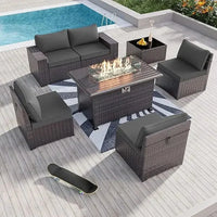 Outdoor Patio Furniture Set with 43" Gas Propane Fire Pit Table and Wicker Rattan Sectional Sofa for Conversation
