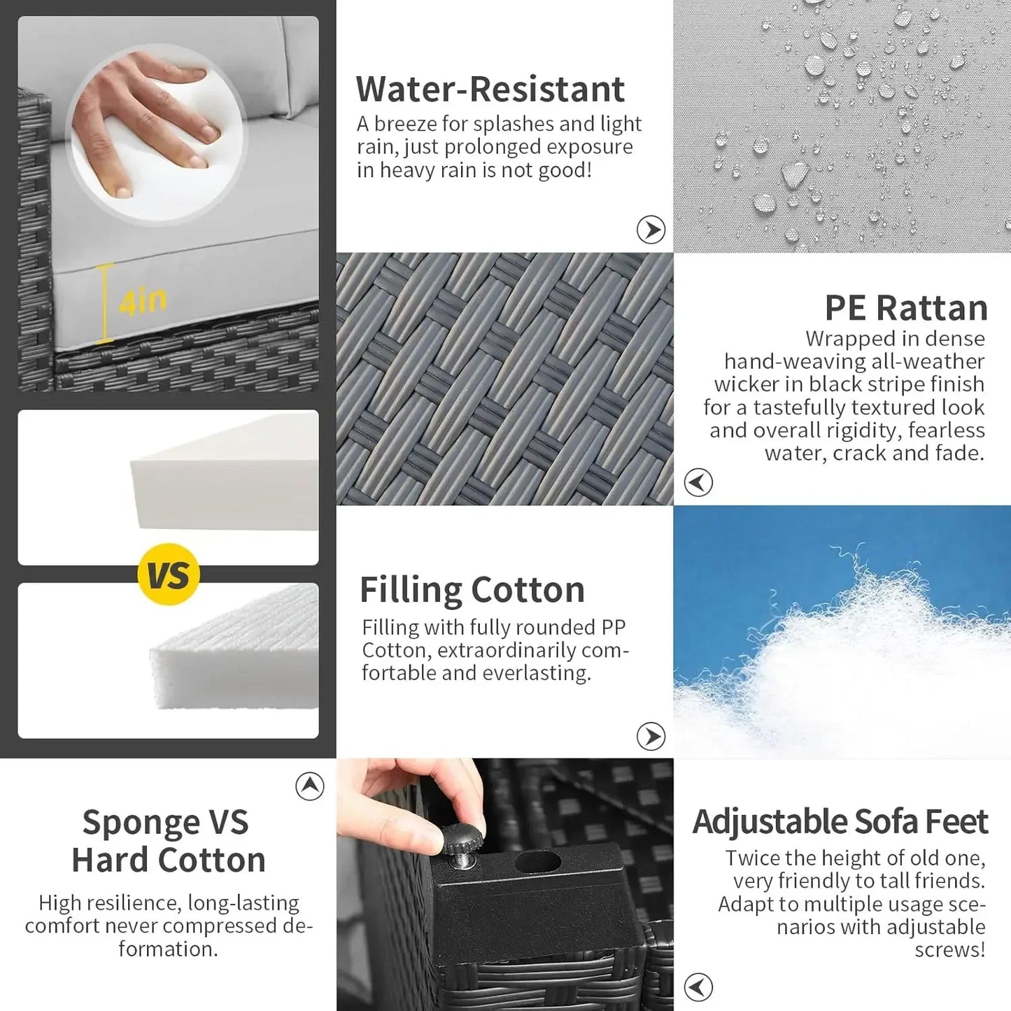 Patio Wicker Furniture Set 6 Pieces Outdoor PE Rattan Conversation Couch Sectional Chair Sofa Set with Grey Cushion