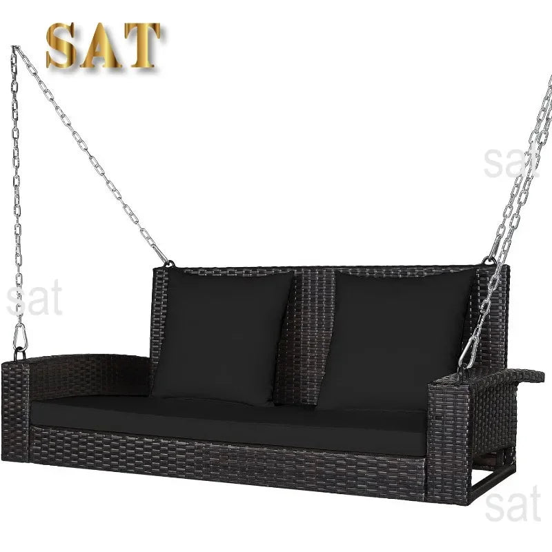 l Hanging Porch Swing, 2-Person Outdoor Wicker Swing Chair Bench With Cushions, Steel Chains For Garden, Backyard, Deck L