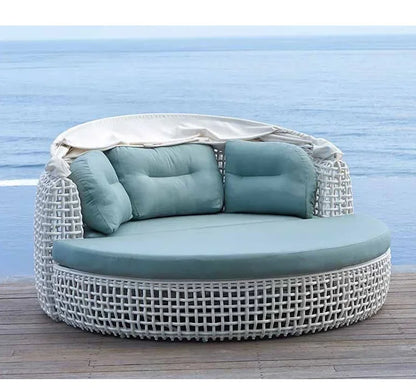 Outdoor leisure rattan sofa queen bed rough rattan recliner round bed combination with canopy round rattan awning lying outside