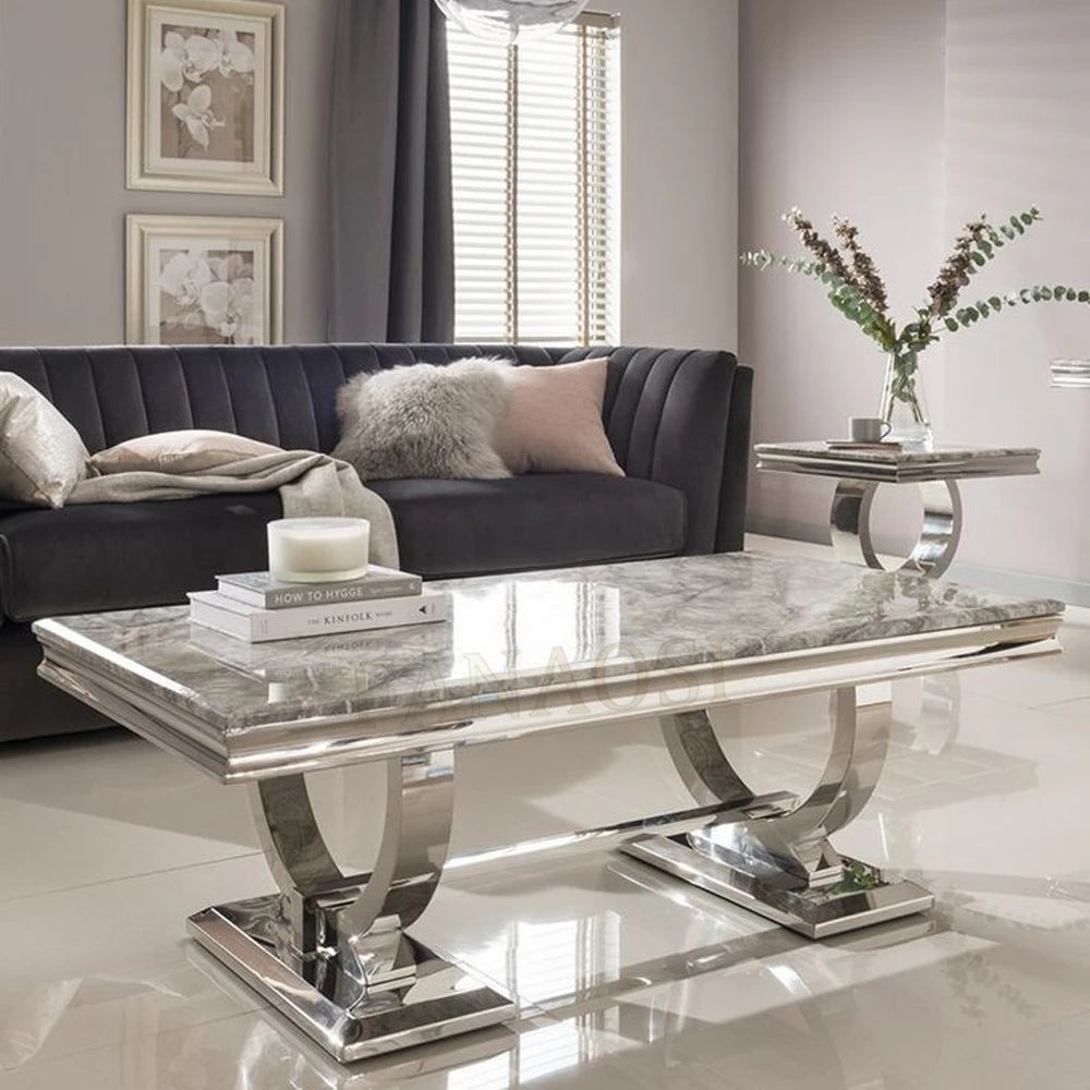 Light luxury marble coffee table stainless steel living room household gold square tea table