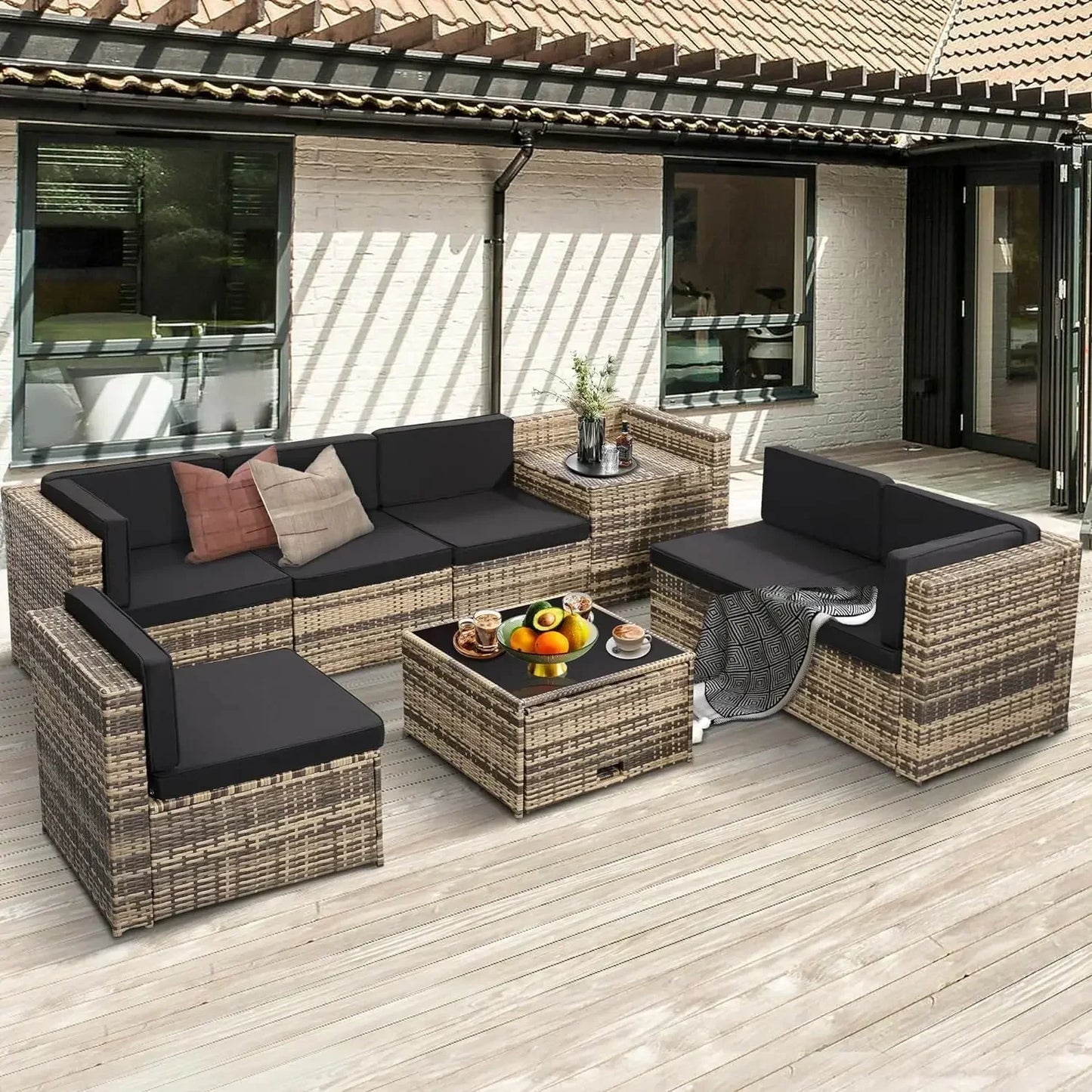 --8 Pieces Outdoor Wicker Rattan Patio Furniture Sectional Set, Glass Top Table with Hidden Storage, Oversized Cushions.sofa Bed
