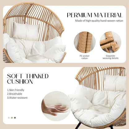 Oversized Wicker Egg Chair with Cushion, Indoor Outdoor Patio Lounger for Living Room Bedroom Balcony