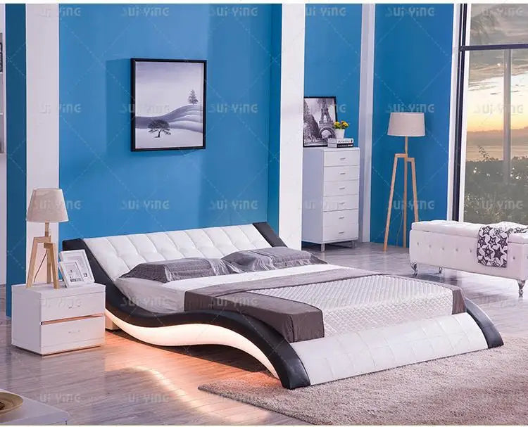 Leather Bed Furniture Master Bedroom Double Bed, Nordic, Simple Multifunctional Soft Bag Bed Smart Bed With LED Light Outlet