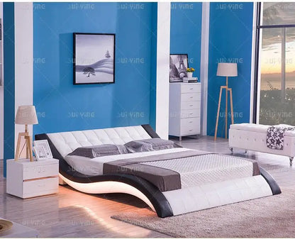 Leather Bed Furniture Master Bedroom Double Bed, Nordic, Simple Multifunctional Soft Bag Bed Smart Bed With LED Light Outlet
