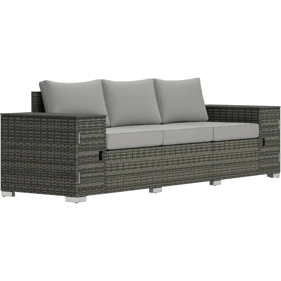 3 Seater Wicker Sofa with 2 Storage Side Tables and Thickened Cushions Rattan Outdoor Patio Sofa with Wide Armrests for Porch G