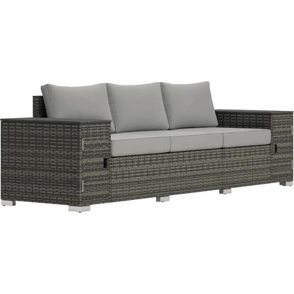 3 Seater Wicker Sofa with 2 Storage Side Tables and Thickened Cushions Rattan Outdoor Patio Sofa with Wide Armrests for Porch G